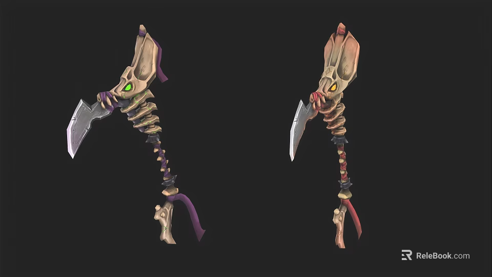 Fantasy Skeleton Weapon With Glowing Green Yellow Eyes And Purple Red Accents 3d model 