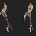 Fantasy Skeleton Weapon With Glowing Green Yellow Eyes And Purple Red Accents