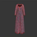 Blue Long Sleeve Floor Length Dress With Red Trim And Floral Pattern
