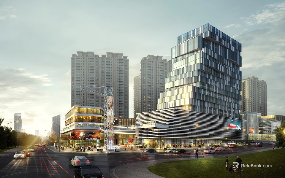 Busy Commercial Street With Modern High Rise Buildings Cars And Pedestrians 3d model 
