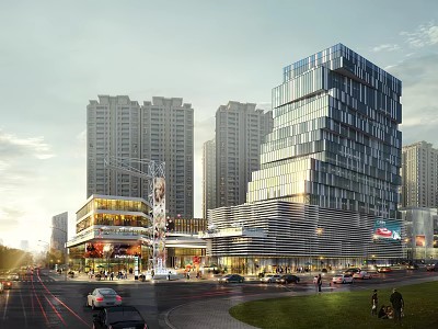 Busy Commercial Street With Modern High Rise Buildings Cars And Pedestrians 3d model