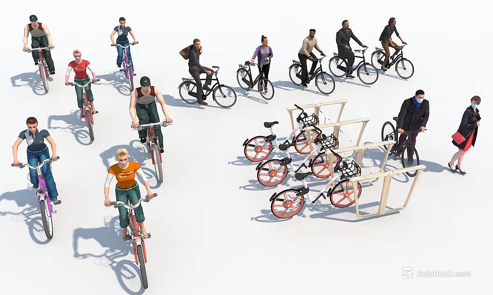 Group of People Enjoying Riding Bicycles With Bicycle Racks And Structures 3d model 