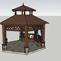 Chinese Style Wooden Pavilion With Hexagonal Roof Carved Design Curtains And Decorative Base
