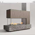 Modern Fireplace With Wooden Frame Glass Enclosure Marble Base And Burning Flames