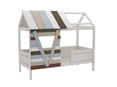House Shaped Children's Bed With Striped Roof In Beige Blue Brown Tones 3d model