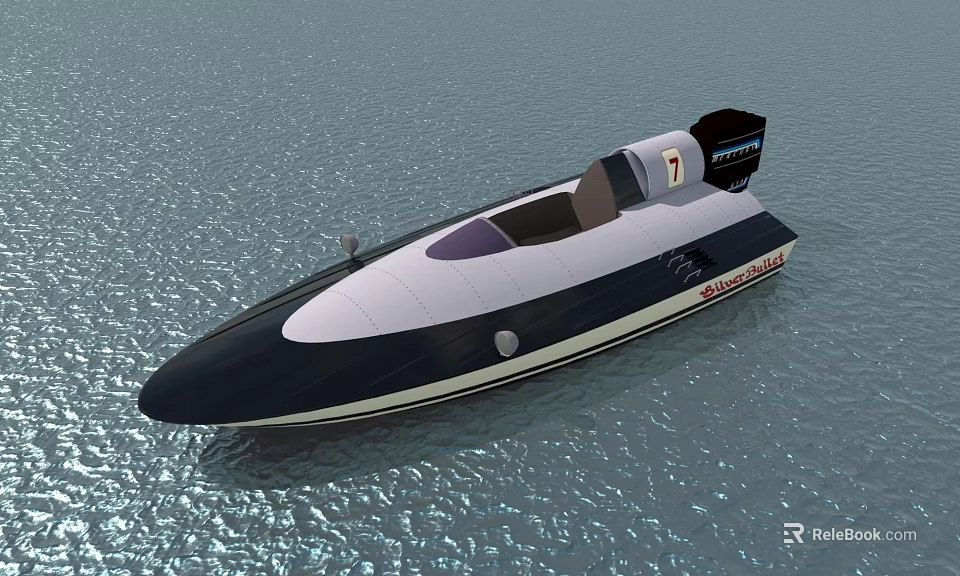 Sleek White Black Yacht With Number 7 On Shiny Water Surface 3d model 
