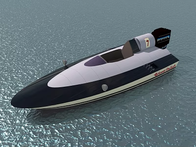 Sleek White Black Yacht With Number 7 On Shiny Water Surface 3d model