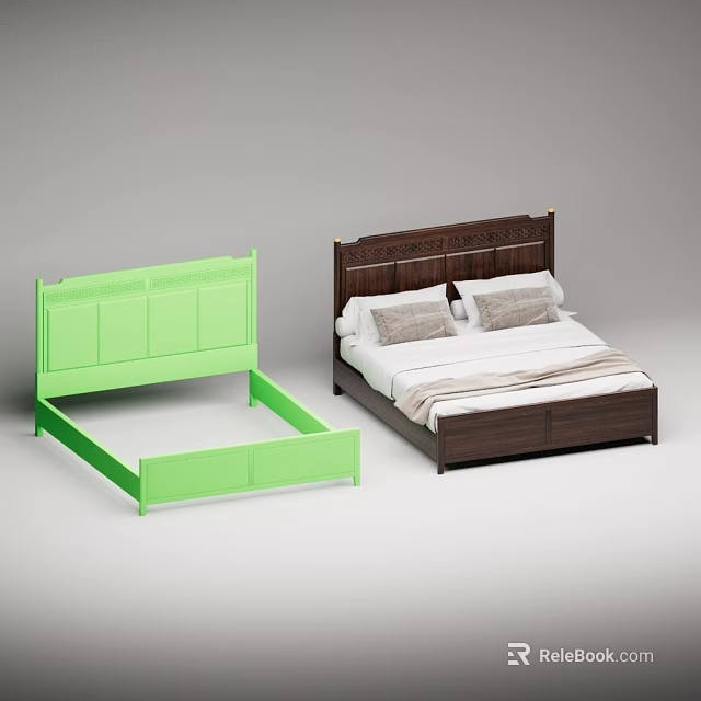 Double Bed With Green Frame And Brown Headboard Featuring White Sheets Gray Pillows 3d model 