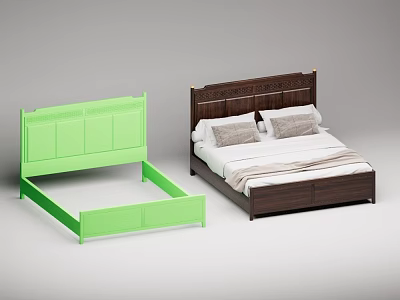 Double Bed With Green Frame And Brown Headboard Featuring White Sheets Gray Pillows 3d model