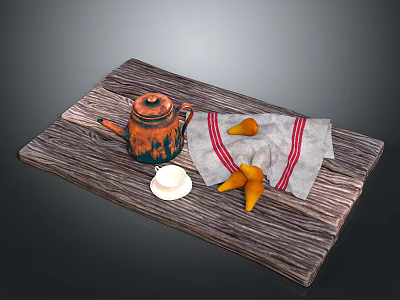 Vintage Copper Teapot White Teacup Yellow Pears on Wooden Tray with Red White Striped Cloth 3d model