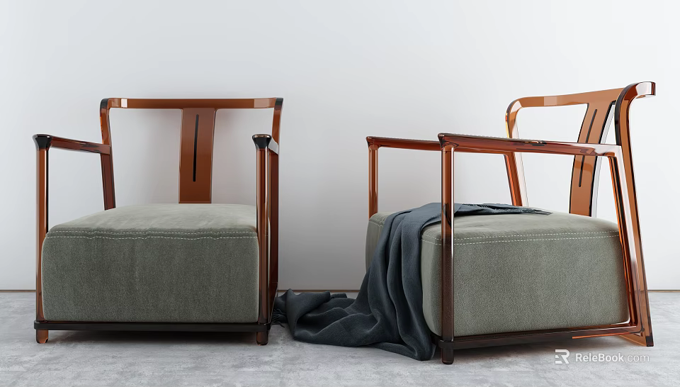 Two Modern Single Sofas With Wooden Frame Gray Cushion And Throw Blanket 3d model