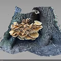 Vibrant Orange Mushrooms Cluster Growing On Old Tree Stump With Textured Bark
