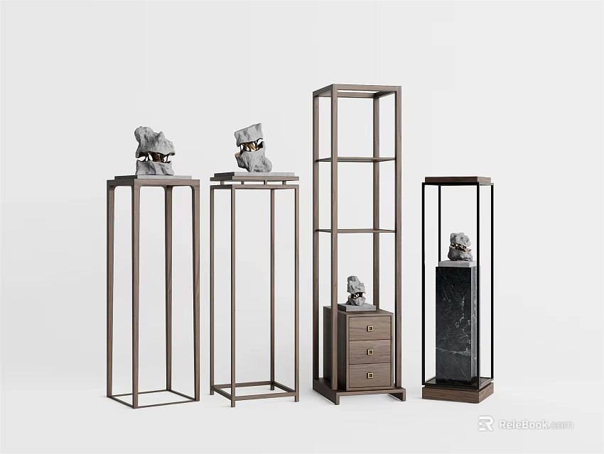Modern Decorative Pedestal Stands With Metal Frames Open Shelves Drawer And Small Sculptures 3d model 