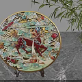 Decorative Ornament Set Featuring Qilin Pattern Golden Border Plate on Stand with Green Plant