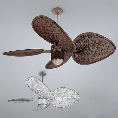 Modern Air Conditioner Fan With Rattan Blades And Ceiling Mounted Design 3d model