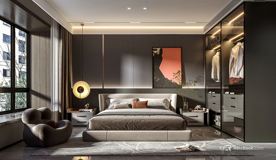 Elegant Modern Bedroom Interior Design With Bedside Tables Artwork Wardrobe Armchair And Rug 3d model 