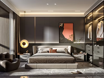 Elegant Modern Bedroom Interior Design With Bedside Tables Artwork Wardrobe Armchair And Rug 3d model