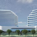 Modern Curved Hotel Building with Glass Curtain Walls and Landscaped Gardens