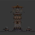 Traditional Chinese Multi tiered Tower With Pavilion Roof Golden Decorations And Stone Base Sculptures
