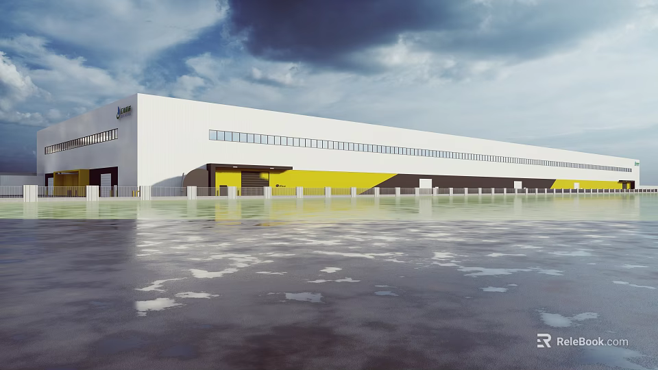 Modern Large Industrial Factory Building Exterior With Long Windows Yellow Accents Open Ground Sky Background 3d model 