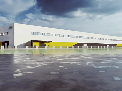 Modern Large Industrial Factory Building Exterior With Long Windows Yellow Accents Open Ground Sky Background 3d model