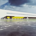 Modern Large Industrial Factory Building Exterior With Long Windows Yellow Accents Open Ground Sky Background