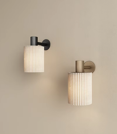 Modern Wall Lamps With Ribbed White Lampshades And Metal Mounting Brackets 3d model