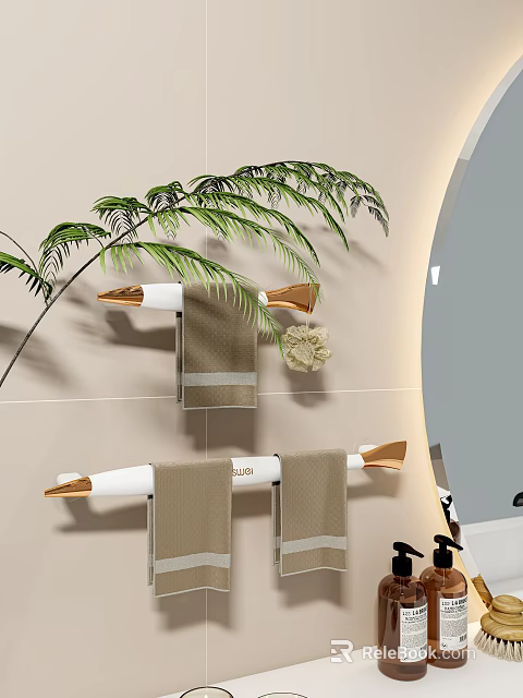 Modern Wall Mounted Bathroom Rack With Towels Fern And Round Mirror Design 3d model 