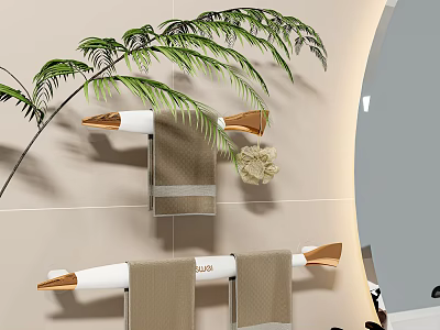 Modern Wall Mounted Bathroom Rack With Towels Fern And Round Mirror Design 3d model