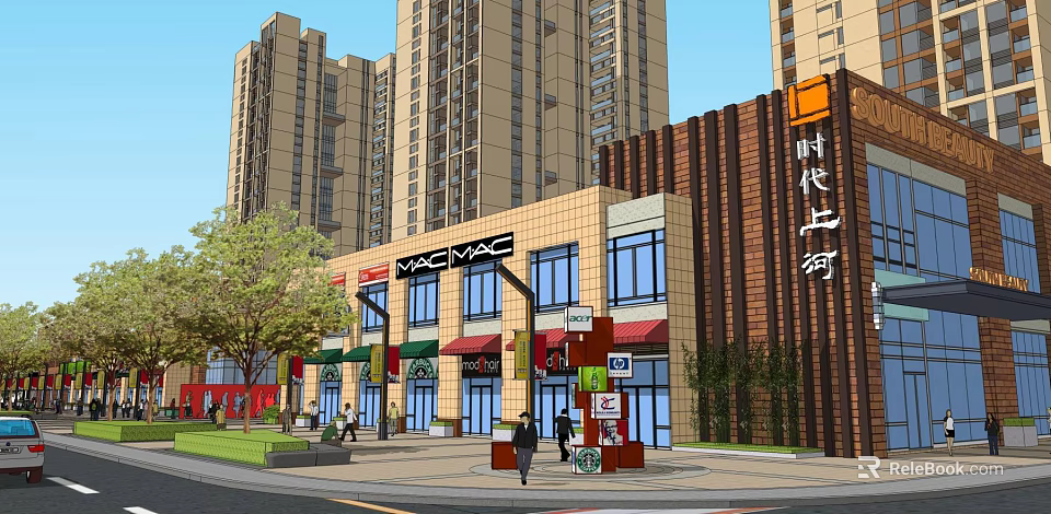 Modern Commercial Street With High Rise Buildings Storefronts Awnings And Pedestrians 3d model 
