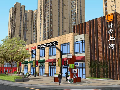 Modern Commercial Street With High Rise Buildings Storefronts Awnings And Pedestrians 3d model
