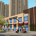 Modern Commercial Street With High Rise Buildings Storefronts Awnings And Pedestrians