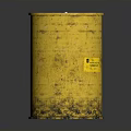Yellow Rusty Metal Barrel With Warning Label On Dark Reflective Surface
