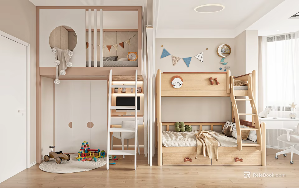 Modern Natural Wood Bunk Bed With Ladder And Storage Drawers For Cozy Lovely Kids Bedroom 3d model 