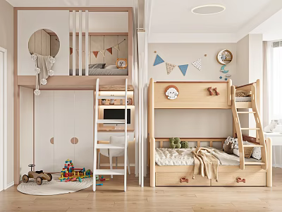 Modern Natural Wood Bunk Bed With Ladder And Storage Drawers For Cozy Lovely Kids Bedroom 3d model