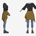 Trendy Black T Shirt Gray Sleeves Yellow Plaid Shirt Tied Blue Ripped Jeans Black Shoes