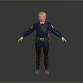 Woman with blonde hair in police uniform standing with arms outstretched against gray background