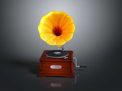 Vintage Gramophone With Yellow Flower Shaped Horn Red Center Black Turntable And Wooden Base 3d model