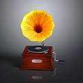 Vintage Gramophone With Yellow Flower Shaped Horn Red Center Black Turntable And Wooden Base