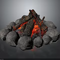 Bonfire Setup With Circular Stone Surround Burning Logs Red Flames And Ember