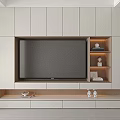 Modern Minimalist TV Wall Unit With White Cabinets Open Shelves And Decorative Lighting