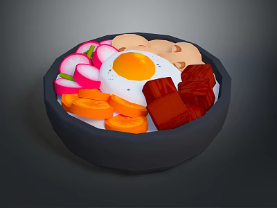 Colorful Rice Bowl With Fried Egg Carrot Radish Mushroom And Meat Chunks 3d model
