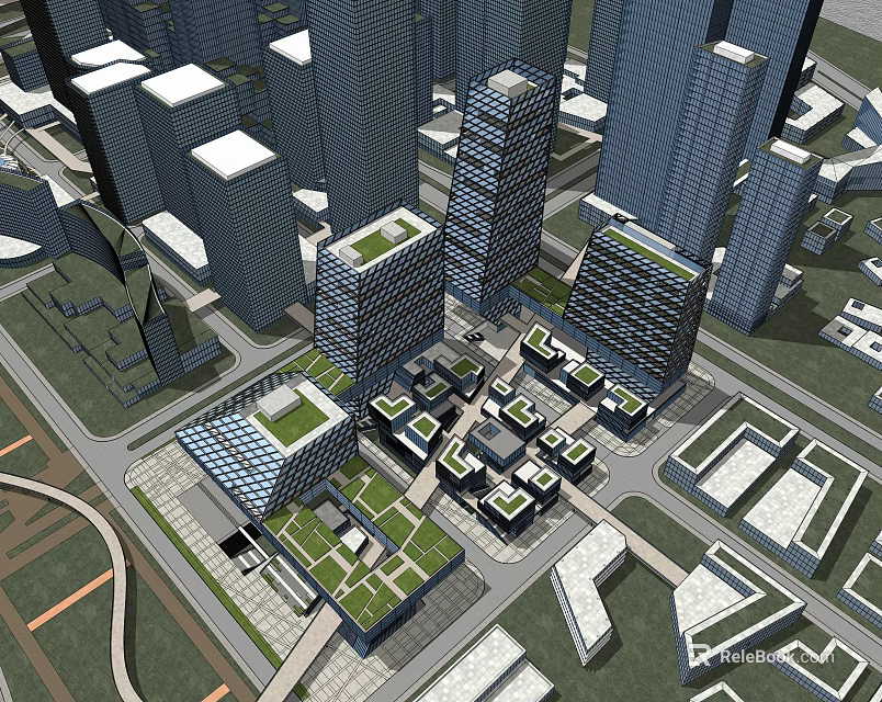 Modern High Rise Office Buildings With Green Roofs In Urban City Design 3d model 