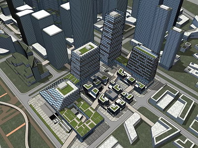 Modern High Rise Office Buildings With Green Roofs In Urban City Design 3d model