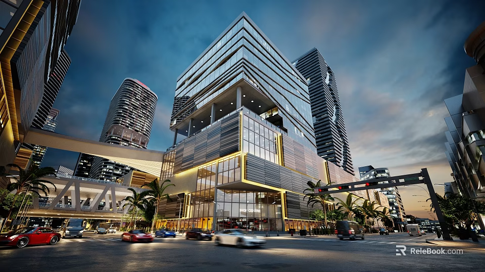 Urban Commercial Street With Modern High Rise Buildings Glass Facades And Evening Car Traffic 3d model 