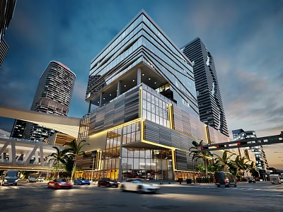 Urban Commercial Street With Modern High Rise Buildings Glass Facades And Evening Car Traffic 3d model