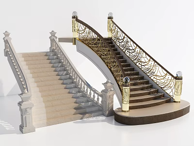 Elegant Curved Staircase Designs With Light Stone Steps Dark Gold Railings And Column Lamps 3d model
