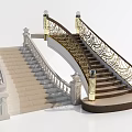 Elegant Curved Staircase Designs With Light Stone Steps Dark Gold Railings And Column Lamps