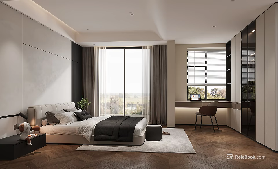 Modern Bedroom Interior Design With Bed White Headboard Black Bedding Curtains Rug And Wooden Floor 3d model 