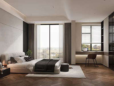 Modern Bedroom Interior Design With Bed White Headboard Black Bedding Curtains Rug And Wooden Floor 3d model